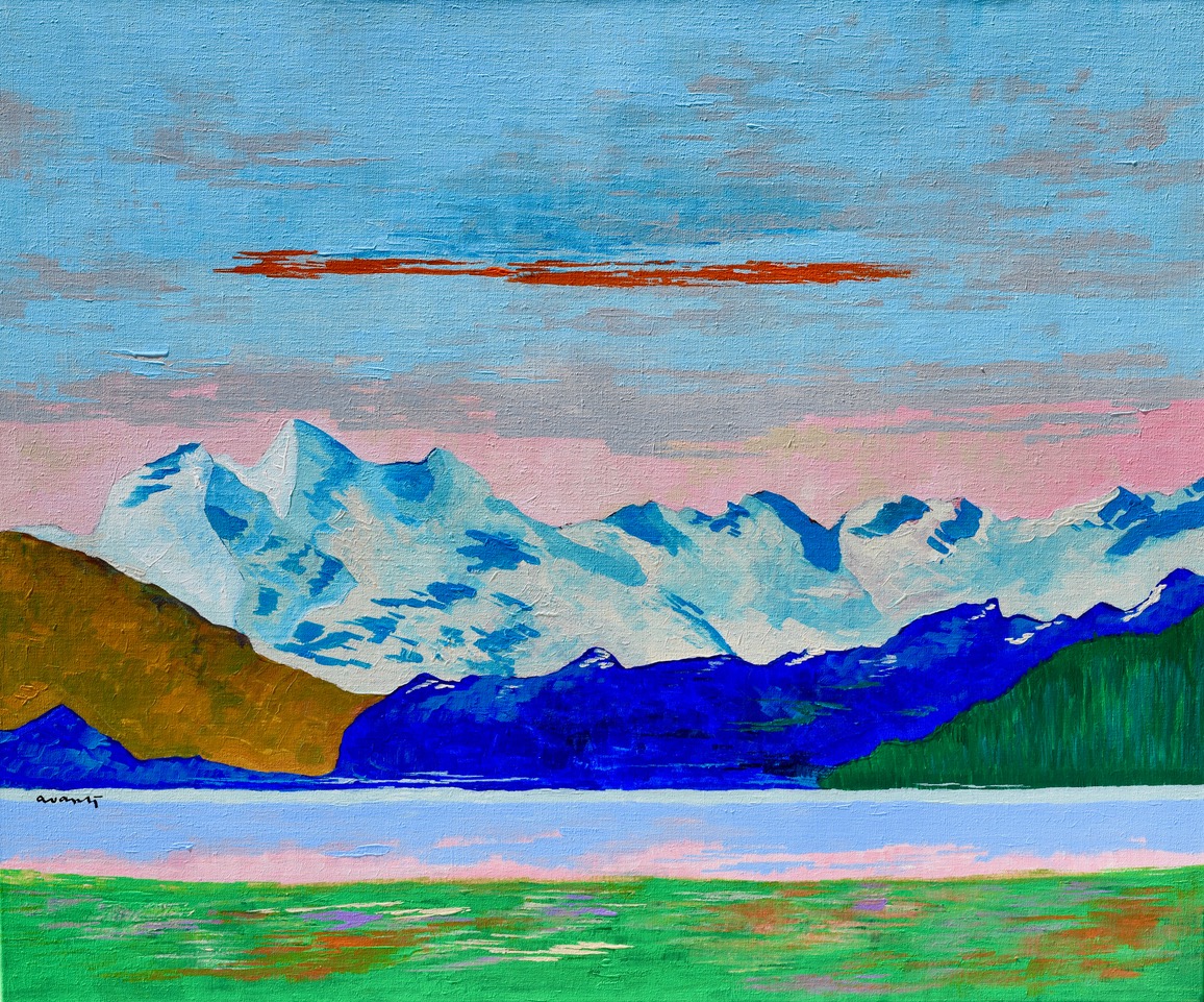 Gemaltes Bild eines Sees mit Bergpanorama