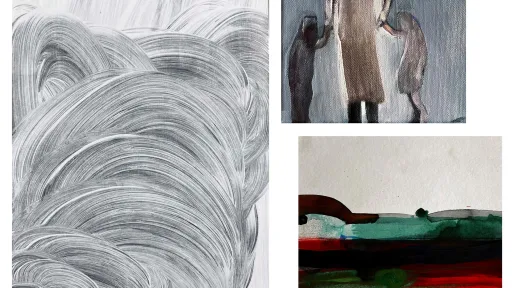 Weisser Hintergrund mit drei Malereien darauf.