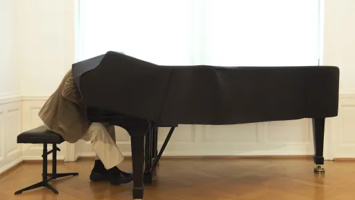 Eine Person sitzt an einem Flügel und steckt mit ihrem Oberkörper in der Stoffhülle des Instruments