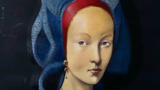 Malerei einer Frau mit historischem Klein in blau und rot. Auf einem weissen Oberteil, das hervorschein, sind Emojis gedruckt.