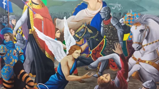 Malerei einer Schlacht. Zwischen Pferden und Kriegern befinden sich auch Engel im Bild. Manche Figuren tragen Objekte des 21. Jahrhunderts: Selfie Sticks, Ringlights, iPhones.