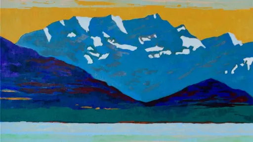 Eine Malerei eines Bergs im Sonnenuntergang mit einem See davor. 