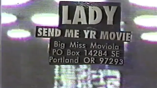 Schriftzug: LADY send me yr movie. Es sieht aus, wie ein Still eines Röhrenfernsehers